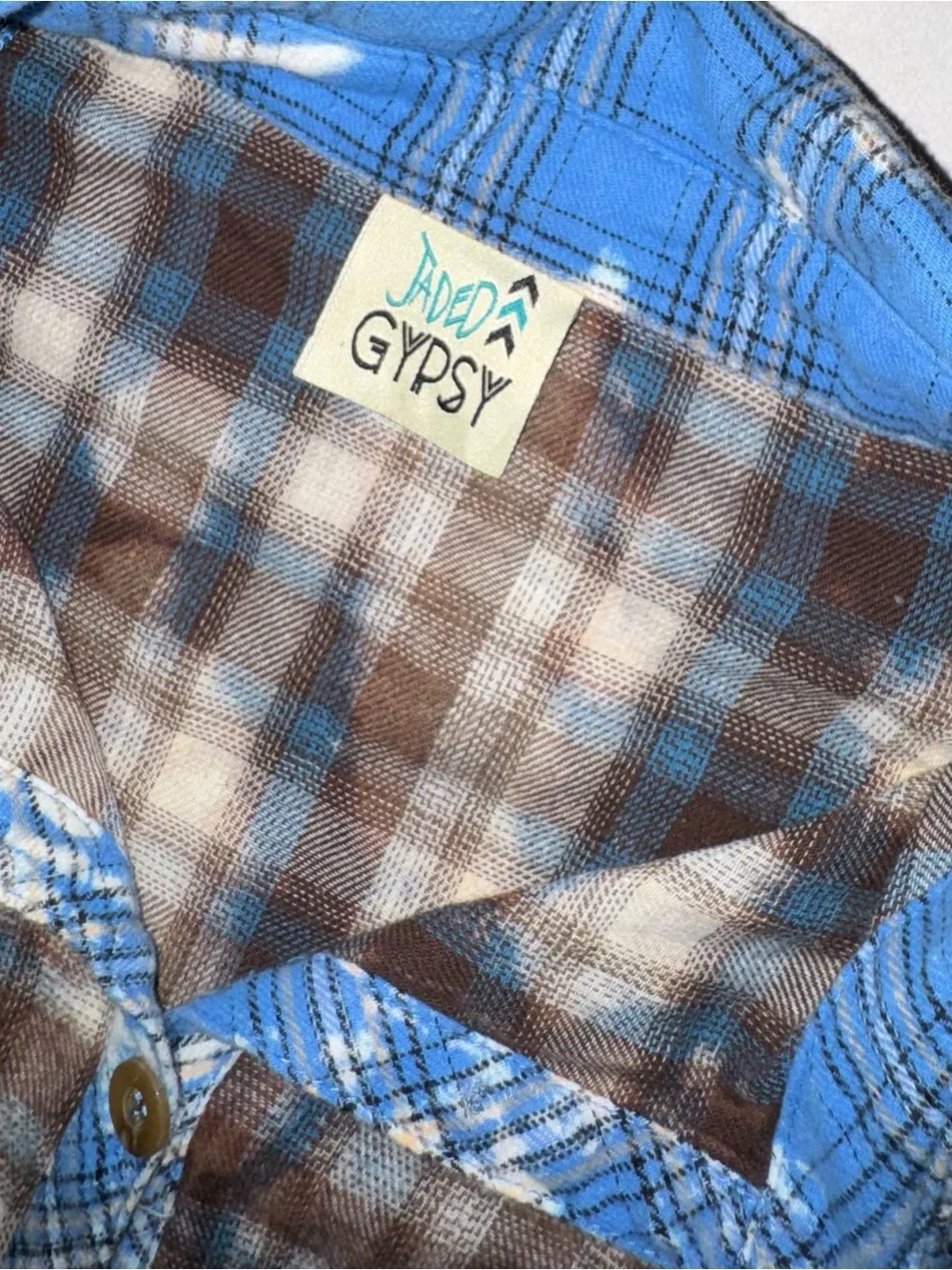 Jaded Gypsy Plaid Tunic Dress L XL Blue Brown Distressed Cowgirl Festival